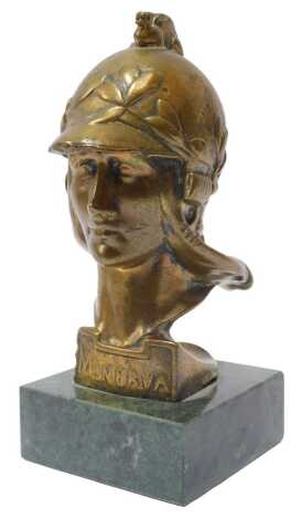 A Minerva car mascot, depicting the goddess with a helmet, on a green marble base, 17cm high.