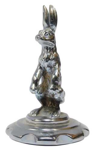 An Alvis chrome-plated hare car mascot, mounted on a chromed radiator cap, 14cm high.