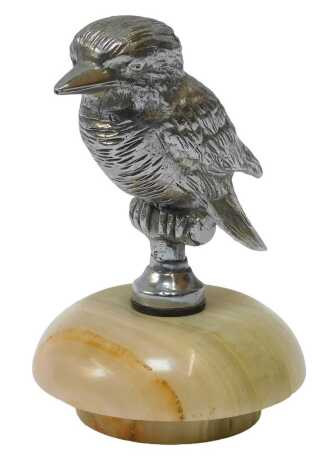 A chromed kookaburra car mascot, on an onyx base, 13.5cm high.