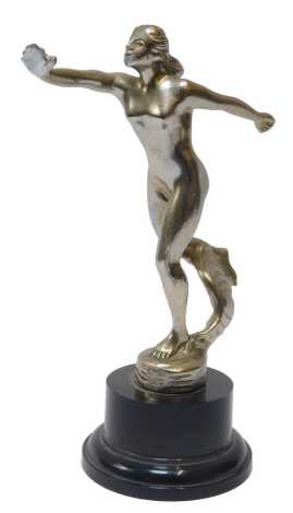 A chrome car mascot, by AE Lejeune, of a Speed Nymph, mounted on base, 18cm high.