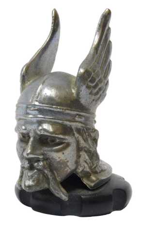 A Rover car mascot in the form of a Viking head, mounted on a radiator cap, 11cm high.