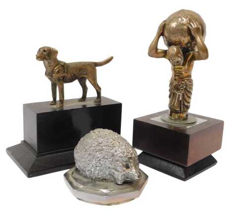 Three chrome and brass car mascots, including Atlas mounted on a wooden base, a hedgehog mounted on a radiator cap, and a Labrador mounted on a wooden plinth. (3)