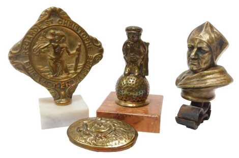 Four brass car mascots, including a St Christopher medallion mounted on a marble base, a Dunlop golfing car mascot, and a brass bust of a gentleman, etc. (4)