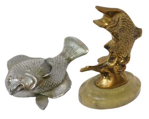 Brass and chrome car mascots, including a leaping salmon mounted on an onyx base, and a chrome koi carp. (2)