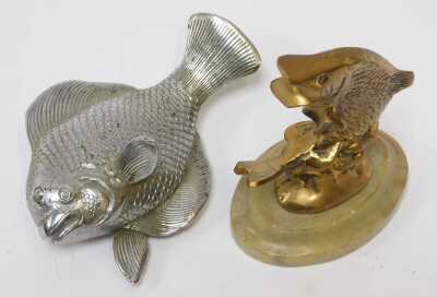 Brass and chrome car mascots, including a leaping salmon mounted on an onyx base, and a chrome koi carp. (2) - 2