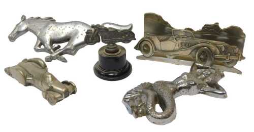 Chrome paperweights and mascots, including mermaid, Morgan Roadster letter rack, motorcycle on wooden plinth, etc. (5)