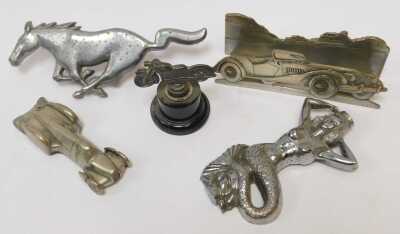 Chrome paperweights and mascots, including mermaid, Morgan Roadster letter rack, motorcycle on wooden plinth, etc. (5) - 2