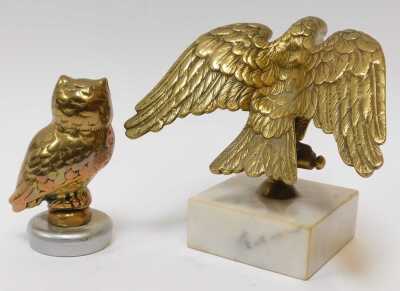 Brass mascots, including brass eagle flag pole topper mounted on a marble base, and an owl mascot. (2) - 2