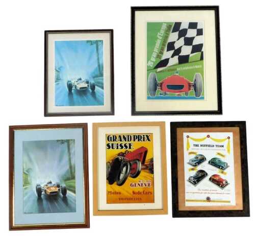 Motoring related prints, including John Surtees Last Race for Ferrari Winning the Belgian Grand Prix 1996, Grand Prix Swiss reproduction programme, Nuffield Organisation advertising poster, and a 20th Grand Premio D'Europa reproduction poster. (a quantity