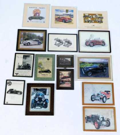 Motoring related prints, including Bentley, Morgan in the Malverns framed photo, 27 Bentley 4½litre SS1 advertising poster, etc. (a quantity)