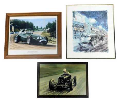 Auto-related prints and pictures, including Raymond Mays in his ERA by Les Perrin, Beating Those Bloody Red Cars by Stuart Booth, artist signed print number 189/250, etc. (a quantity)