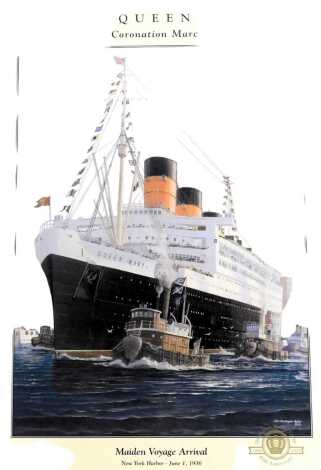 After John Christopher Butter. Maiden Voyage Arrival, 65th Anniversary poster of the RMS Queen Mary Coronation March, 84cm x 57cm.