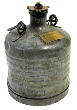 A galvanised metal AB Nynas Petroleum vessel, No.46, with ring handle and brass stopper, 30cm high.