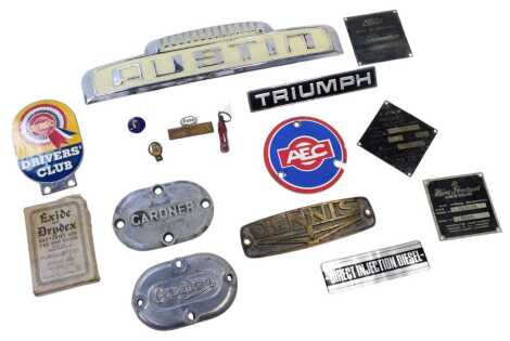 Various car plaques, badges, etc., for Austin, Triumph, AEC, an AA pin badge, an Atkinson vehicles enamel badge, etc. (1 box)