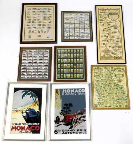 Framed Players cigarette cards, for Motor Cars, further framed cigarette cards, an Esso Plan of the North, reproduction Monaco Grand Prix 1933 poster, etc. (a quantity)