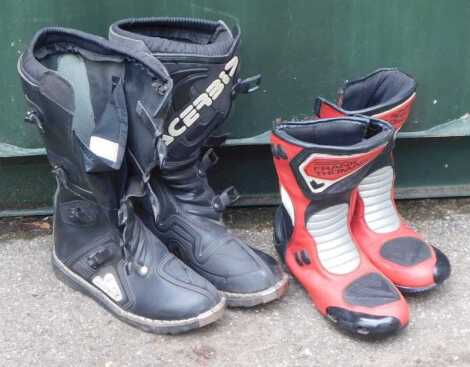 A pair of Frank Thomas motorcycle boots, size 9, and a pair of Acerbis motorcycle boots, size 10. (2)