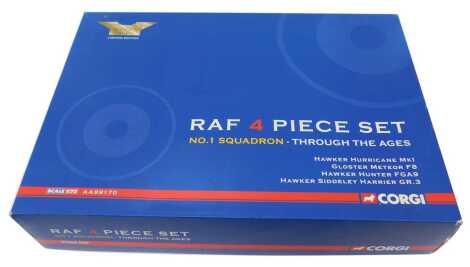 A Corgi The Aviation Archive 1:72 scale RAF four piece set No.1 Squadron Through the Ages, including a Hawker Hurricane mark 1, Gloucester Meteor F8, Hawker Hunter FGA9, and a Hawker Sidley Harrier GR.3, boxed, AA99170.