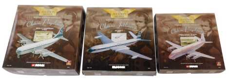 Corgi The Aviation Archive 1:144 scale Classic Propliners diecast, including Vickers Viscount 700 series British European Airways 47601, Classic Jet Liners DH Comet 4 B0AC 48504, and Classic Propliners Boeing 377 Stratocruiser of BOAC 48105, boxed. (3)