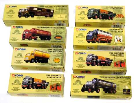 Corgi Classics The Brewery Collection, including 12401 Foden delivery truck set Fremlins Ale, 24301 Leyland tanker set Youngers, 27901 Atkinson articulated tanker set Vorks Breweries Limited, 09801 ERF delivery truck set John Smiths, 24302 Leyland cylindr