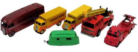 Six diecast Dinky Supertoys, comprising 956 wagon, Merryweather Marquise fire tender, two Guy trucks, horse box and caravan. (1 tray)