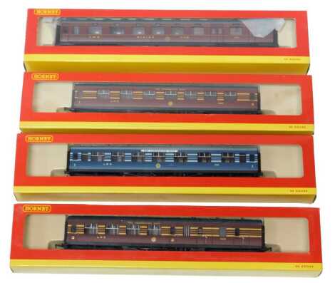 Hornby OO gauge rolling stock, including R04095A LMS 68ft dining car 228, R4141 LMS Coronation composite coach, R4128A LMS Coronation first coach 1069, and R4142 LMS Coronation brake coach 5448, boxed. (4)