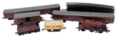 Lima O gauge train set, including an LMS Class 4F locomotive and tender, LMS maroon livery, 0-6-0, Lima O gauge coaches, Lima box van, Horne & Dean O gauge wagon and track, etc. (1 box) We have instructions from the vendor to sell without reserve.