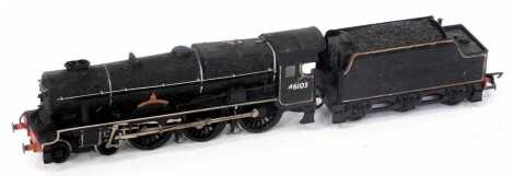 An Airfix OO gauge locomotive and tender, Royals Scots Fusiliers, 46103, in black livery.