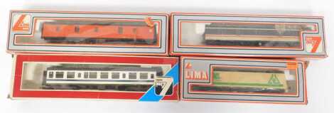 Three Heris OO gauge carriages, together with a Roco HO gauge carriage. PLD to check HO or OO gauge?