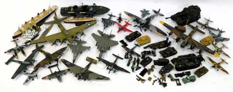 Kit built model planes, tanks, boats, etc., to include a Patrol Torpedo boat PT-588, USA Tank, some figures, etc. (3 boxes)