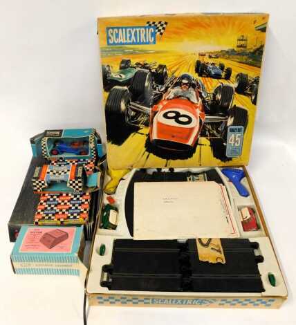 A Scalextric Rally set number 45, together with track, a Victor transformer unit, Alfa Romeo race car with figure, etc. (a quantity)WARNING! This lot contains untested or unsafe electrical items. It is supplied for scrap or re-conditioning only. TRADE ONL