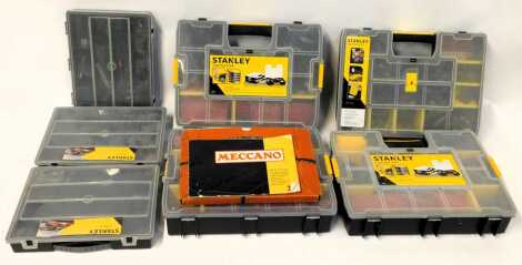 Meccano, various loose pieces contained in Stanley Sort Master boxes.