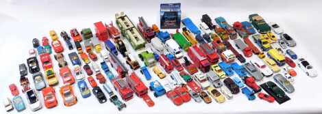 Corgi, Tonka, Matchbox and other play worn diecast, including Matchbox Superkings K13-2 car transporter, ?? truck, Corgi Major Ford truck, and car transporter, Lledo Marathons Tetley Tea truck, Matchbox Superkings DAF space cab and trailer, etc. (1 box)