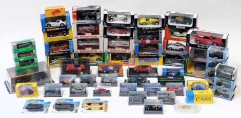 Maisto, Burago, Corgi and other diecast vehicles, including Corgi Classics 03801 Porsche 356 open top, Maisto Super Car Collection Bugatti EB110, Days Gone by Lledo Only Fools and Horses Del Boy's Reliant van, New Ray MGB 1967, Burago 1-32 scale Porsche C