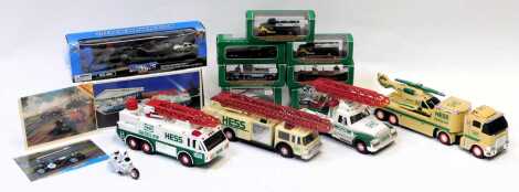 Gasoline collectables, including a Hess fire truck, Hess Gasoline helicopter, a Hess Gasoline 2000 miniature Hess first truck, 2004 Hess miniature tanker truck, a 2000 miniature Hess first truck, etc., boxed and unboxed. (1 box)