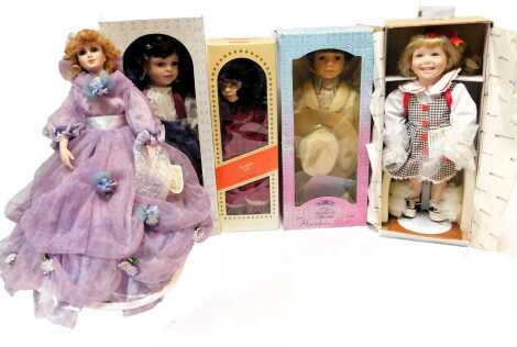 The Leonardo Collection porcelain dolls, including Jessie the Cowboy, Gypsy Lee, ED04 Elizabeth, and an Ashton Drake Galleries McMemories, etc., boxed. (6)