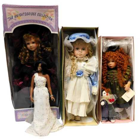 Knightsbridge Collection and other porcelain dolls, including Joanna, Banbury Mint The Michelle Obama Inaugural doll, boxed. (4)