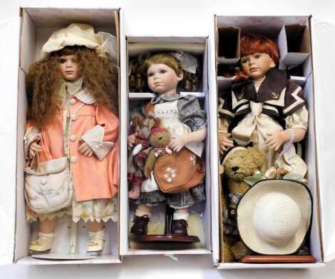 Les Poupees Corina bisque headed dolls, including LP441 Clara, LP459 Felicite, and ?? Linda, boxed. (3)