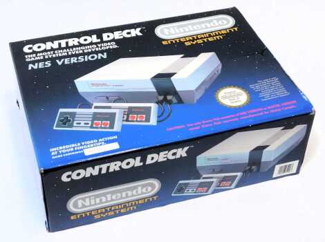 A Nintendo Entertainment System, boxed with two controllers, leads, etc.