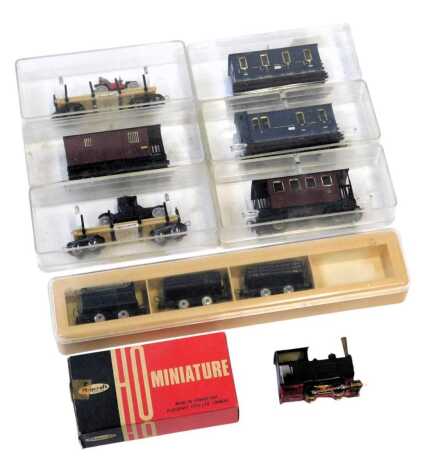 Playcraft and other N gauge locomotives and rolling stock, including tank locomotive, wagons, coaches, etc. (1 box)