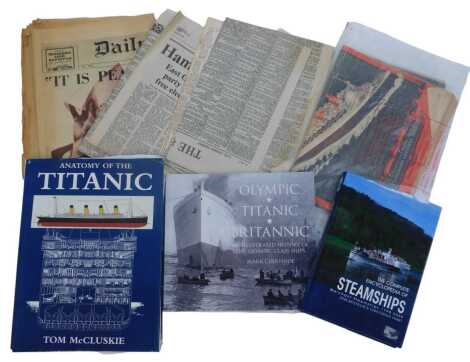 Titanic and other naval books and ephemera, including Olympic Titanic and Britannic An Illustrated History of The Olympic Class Ships, Anatomy of the Titanic by Tom McCluskie, reproduction newspaper articles, etc. (1 box)