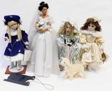 The Ashton Drake Galleries and other porcelain headed dolls, including Little Bo Peep and Her Sheep, White Roses, Franklin Heirloom Dolls, unboxed. (4)