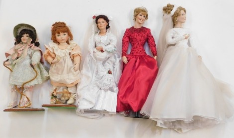 The Ashton Drake Galleries collector's dolls, including, Paige, Peaches and Cream, The Christmas Bride, Spring Promise and Diana World Beloved Rose, boxed. (5)