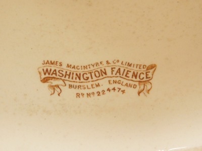 A late 19thC/early 20thC James MacIntyre and Company Limited pottery cheese dish and cover, Washington Faience range, the cover with a mouse finial, and decorated inside with a band of repeating mice and fruit, raised on a base with gilt decoration, print - 3