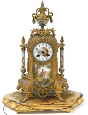 A late 19thC French brass and porcelain clock garniture, the clock with circular porcelain dial, painted with Arabic numerals, eight-day movement, with bell strike, the case with an urn finial, central plaque painted with a courting couple, raised on four - 3