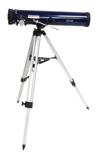 An Optus Reflector Telescope, number SNr96-18500, F=700, D=76, on a tripod base, 68cm long.