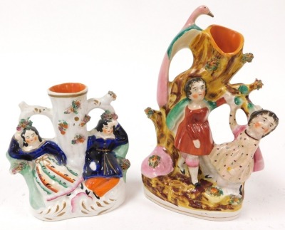 A group of 19thC Staffordshire figures and spill vases, together with a pair of Spaniels, pair of Dalmations, and a further dog. (a quantity) - 5