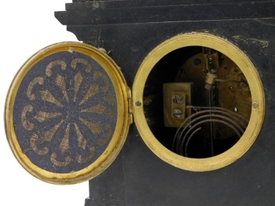 A late 19thC slate mantel clock, Alexander Philip, Edinburgh, the circular brass dial with black chapter ring bearing Roman numerals, French eight-day movement with coil strike, the case of architectural form, with fluted Corinthian columns, with pendulum - 4