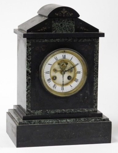 A Victorian slate and marble mantel clock, circular brass dial with enamel chapter ring bearing Roman numerals, visible brocot escapement, French eight-day movement with bell strike, the case of architectural form, with pendulum, 33cm wide x 23.5cm high.