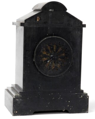 A Victorian slate and marble mantel clock, circular brass dial with enamel chapter ring bearing Roman numerals, visible brocot escapement, French eight-day movement with bell strike, the case of architectural form, with pendulum, 33cm wide x 23.5cm high. - 3