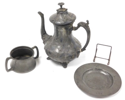 A group of 19thC and later pewter and plate, including a teapot, crested dish, bearing London touch mark, Kyserzinn Art Nouveau coffee pot, decorated with snowdrops, number 4613, three piece cruet set, and tankards. (a quantity) - 2